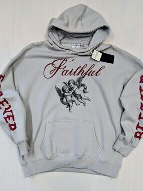 YNS Generic Faithful Angel Graphic Hoodie - Light Gray with Red Accents